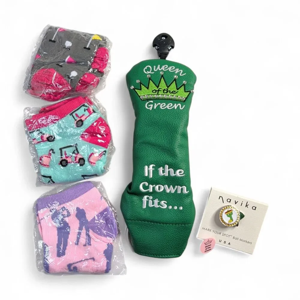 NEW Golf Bundle Queen Of The Green Golf Club Cover, 3 Pairs Socks, Ball Markers